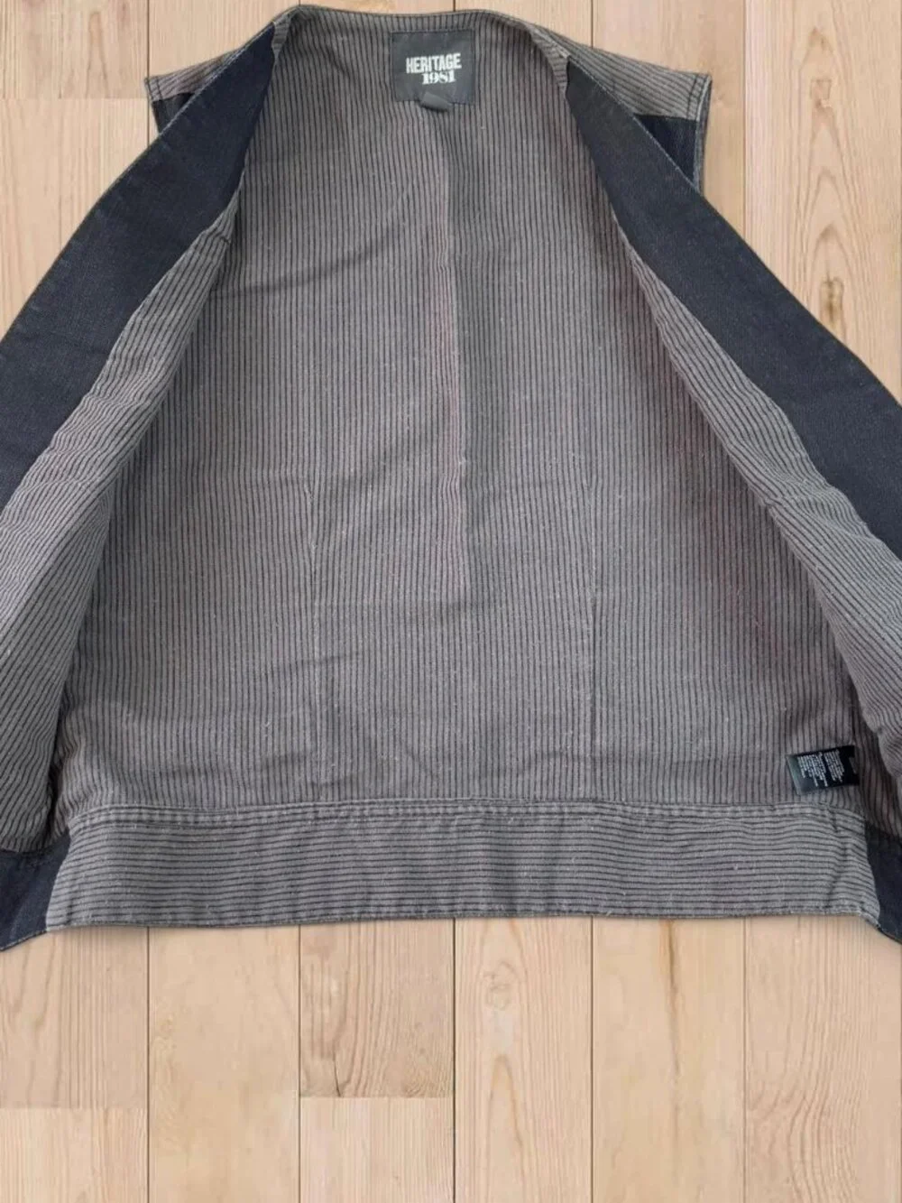 Heritage 1981 Mens Medium black denim vest with gray pinstripe lining // Unisex